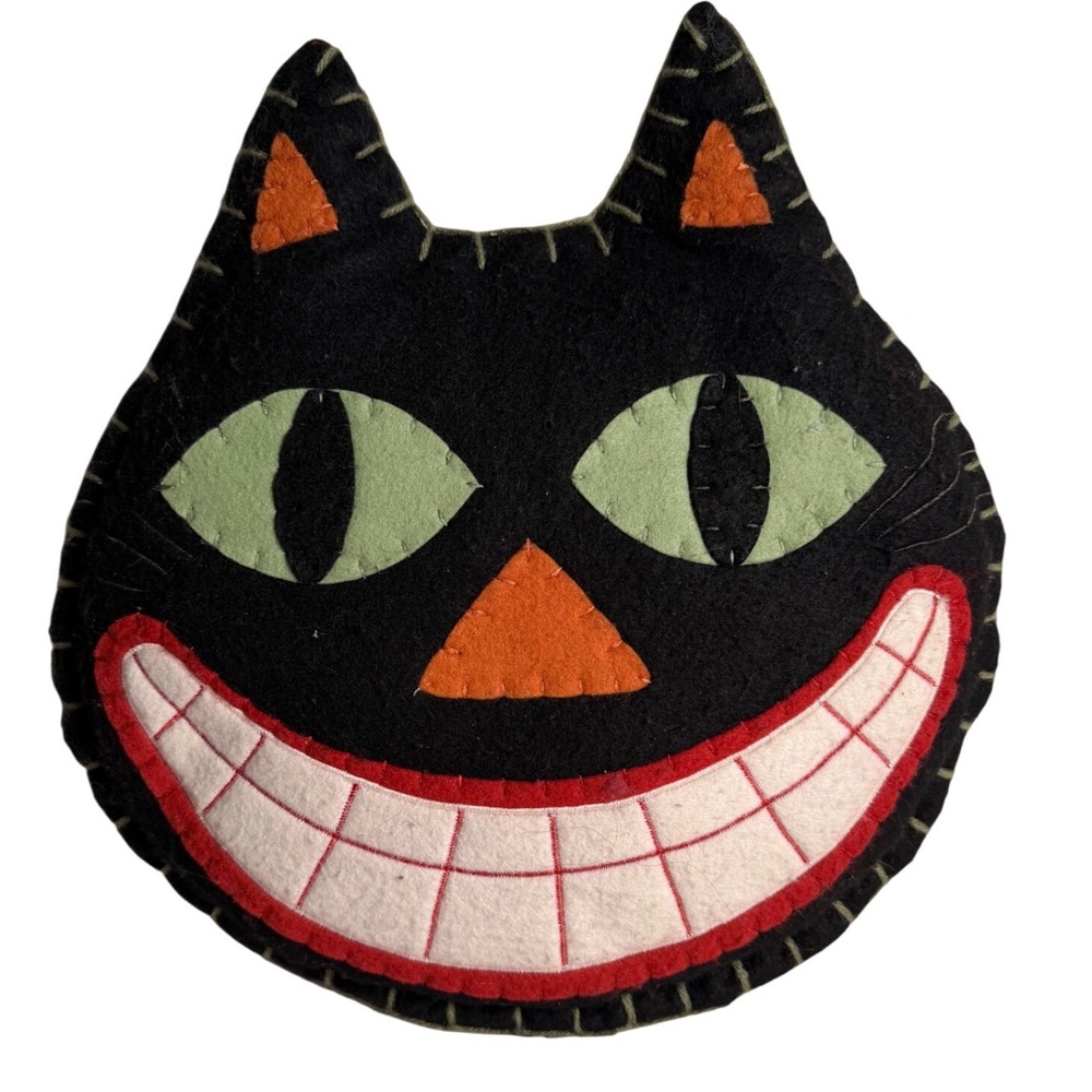 Vintage Style Halloween Black Cat Felt Decorative Pillow Folk Art Spooky Decor
